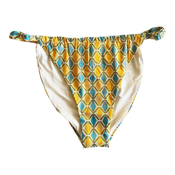 WEWOREWHAT Metallic Geo Bikini Set Ruched Bottom Claudia Top Orange Blue Large - Picture 8 of 15